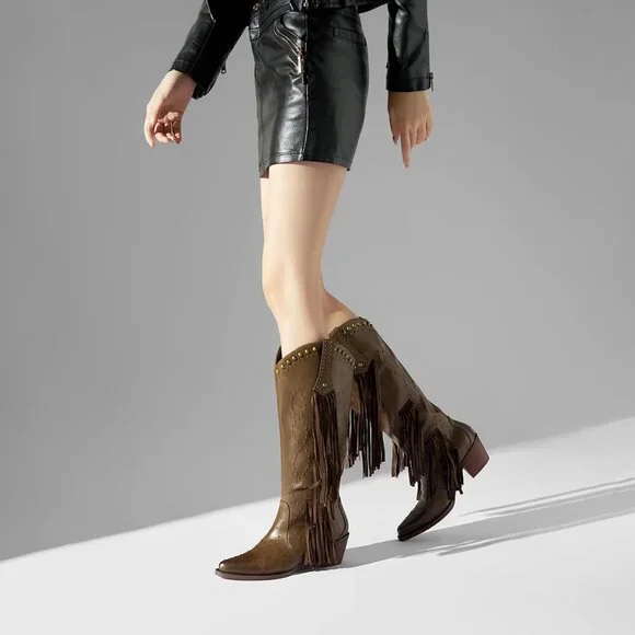 Women's Brown Fashion Pointed Toe Chunky Heel Rivet Pull-On Knee High Fringe - Picture 6 of 8